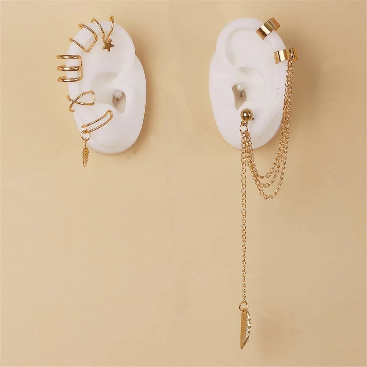 18K Gold-Plated Leaf Star Cuff Earring Set