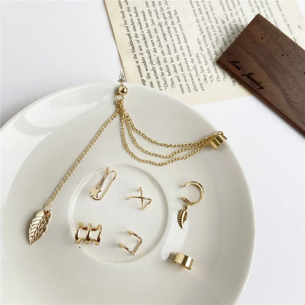 18K Gold-Plated Leaf Star Cuff Earring Set