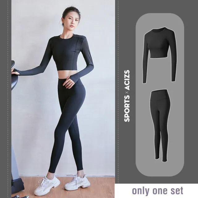 2 piece Women Yoga Set Seamless Fitness Sports Suits Gym Cloth Yoga Long Sleeve Shirts High Waist Running Leggings Workout Pants