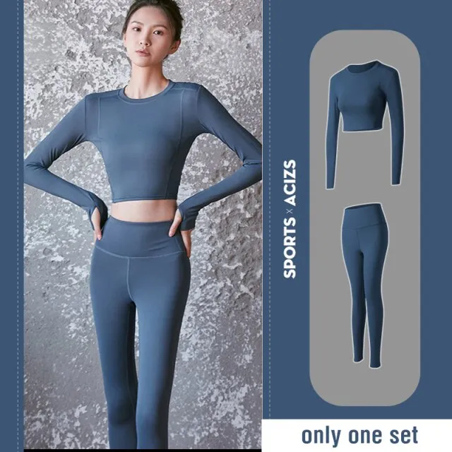 2 piece Women Yoga Set Seamless Fitness Sports Suits Gym Cloth Yoga Long Sleeve Shirts High Waist Running Leggings Workout Pants