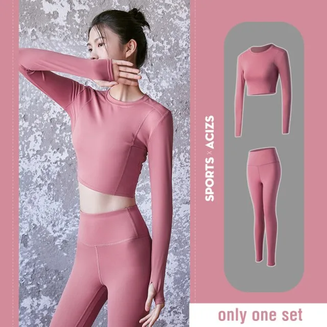 2 piece Women Yoga Set Seamless Fitness Sports Suits Gym Cloth Yoga Long Sleeve Shirts High Waist Running Leggings Workout Pants