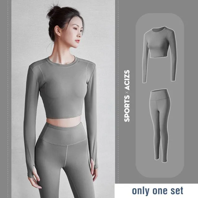 2 piece Women Yoga Set Seamless Fitness Sports Suits Gym Cloth Yoga Long Sleeve Shirts High Waist Running Leggings Workout Pants