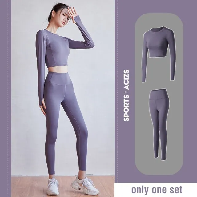2 piece Women Yoga Set Seamless Fitness Sports Suits Gym Cloth Yoga Long Sleeve Shirts High Waist Running Leggings Workout Pants