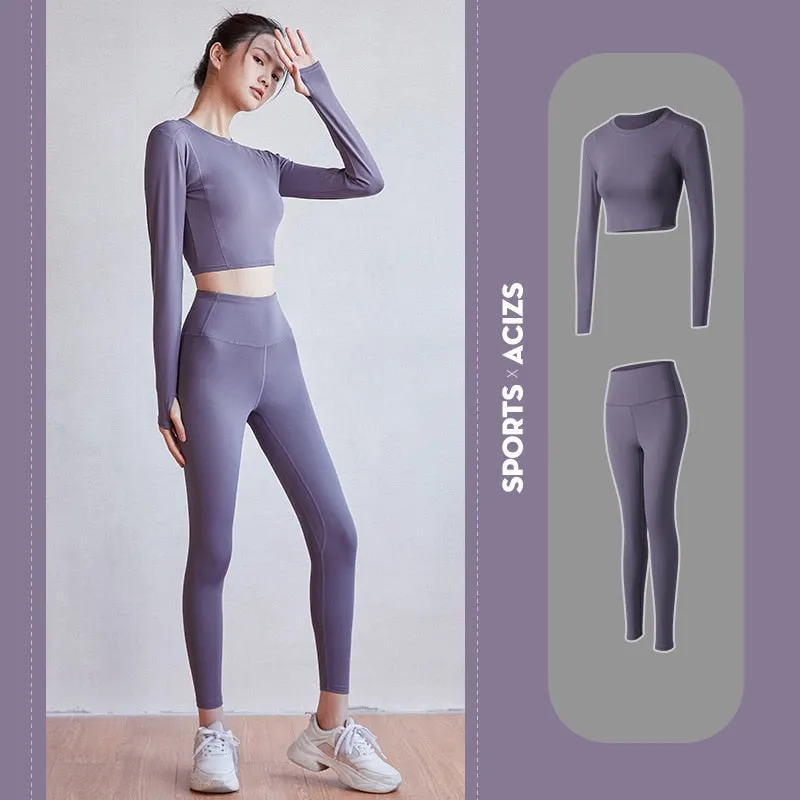 2 piece Women Yoga Set Seamless Fitness Sports Suits Gym Cloth Yoga Long Sleeve Shirts High Waist Running Leggings Workout Pants