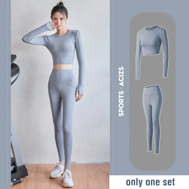 2 piece Women Yoga Set Seamless Fitness Sports Suits Gym Cloth Yoga Long Sleeve Shirts High Waist Running Leggings Workout Pants