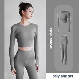2 piece Women Yoga Set Seamless Fitness Sports Suits Gym Cloth Yoga Long Sleeve Shirts High Waist Running Leggings Workout Pants