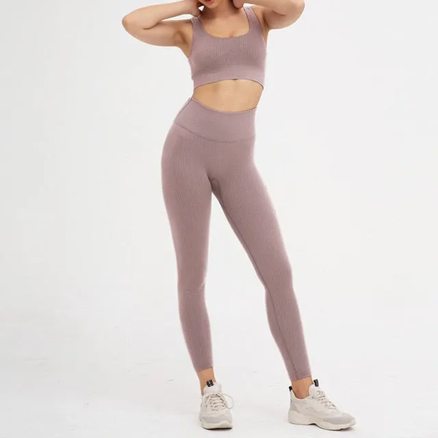 2PCS/Set Seamless Fitness Women Yoga Suit High Stretchy Workout Sport Set Padded Sports Bra High Waist Sports Legging Gym