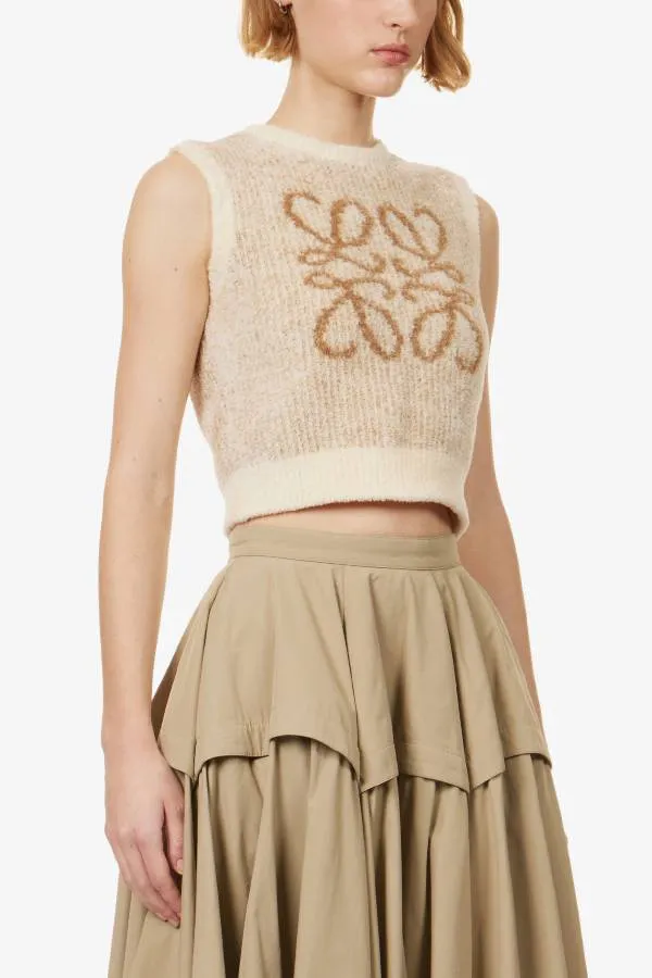 Anagram-intarsia cropped cotton-blend top