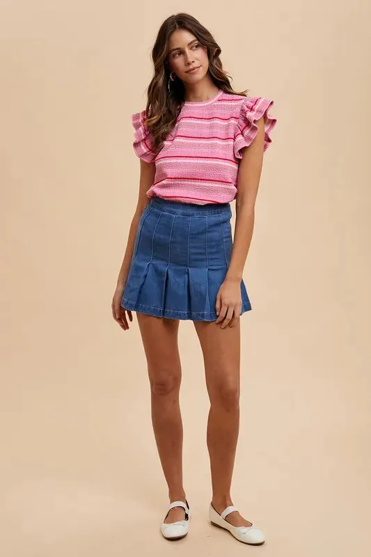 Annie Wear Multi Stripe Ruffle Sleeve Textured Knit Top