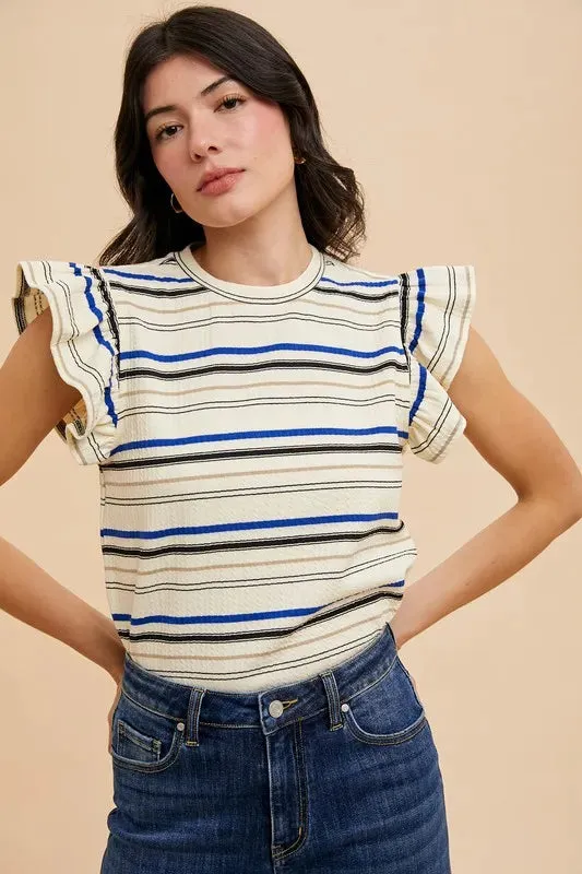Annie Wear Multi Stripe Ruffle Sleeve Textured Knit Top