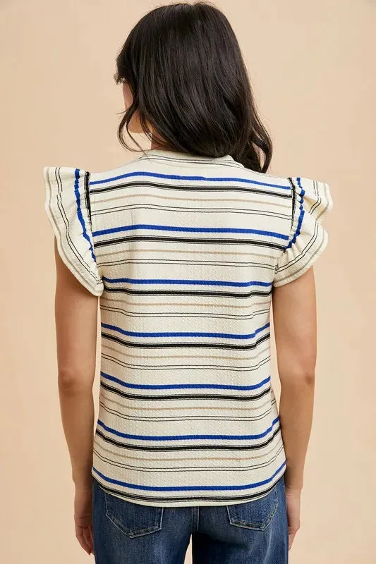 Annie Wear Multi Stripe Ruffle Sleeve Textured Knit Top
