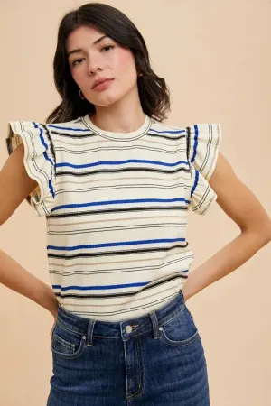 Annie Wear Multi Stripe Ruffle Sleeve Textured Knit Top
