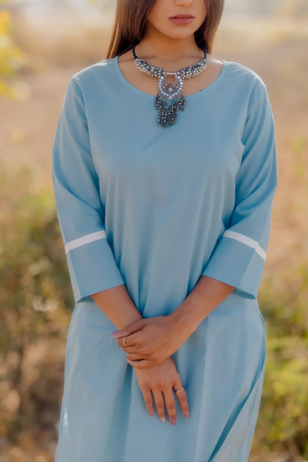 Aqua blue kurta set with Printed Dupatta