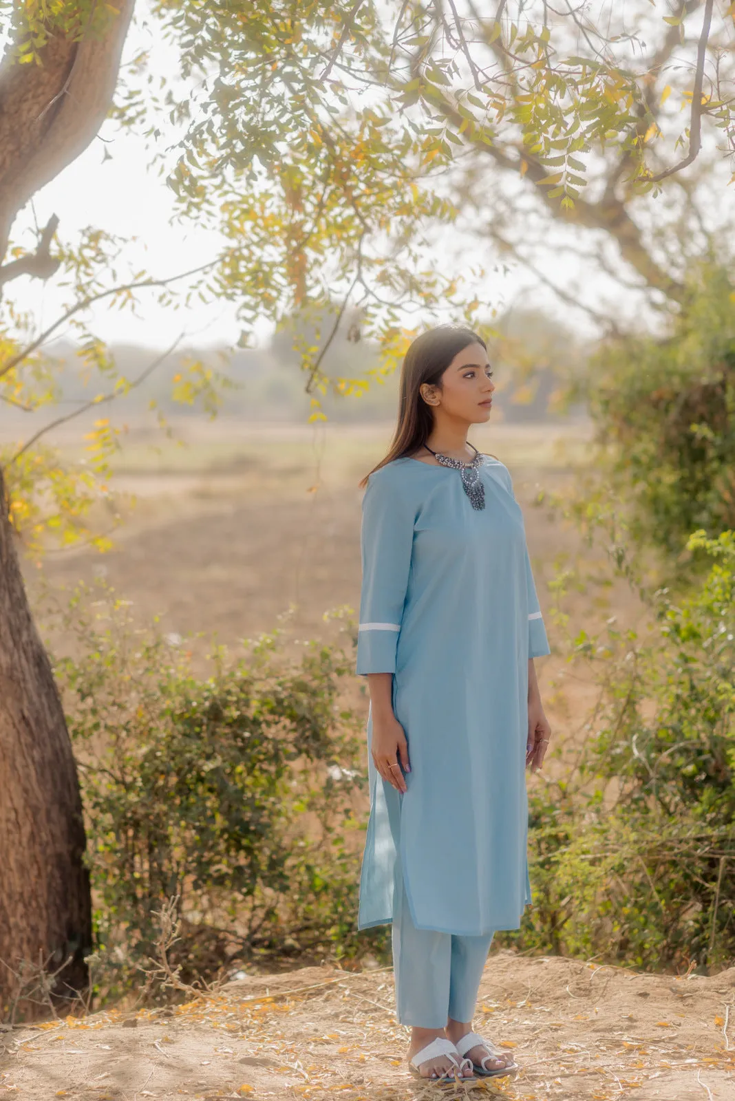 Aqua blue kurta set with Printed Dupatta