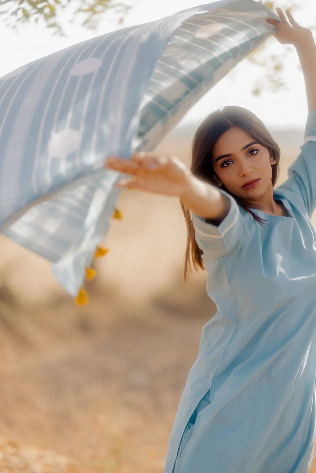 Aqua blue kurta set with Printed Dupatta