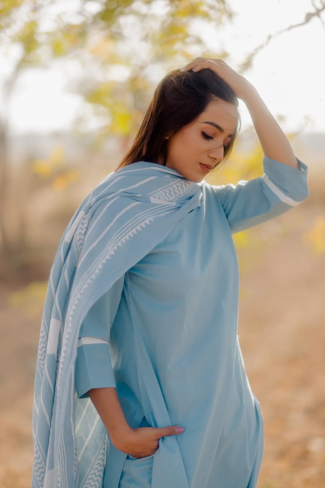 Aqua blue kurta set with Printed Dupatta