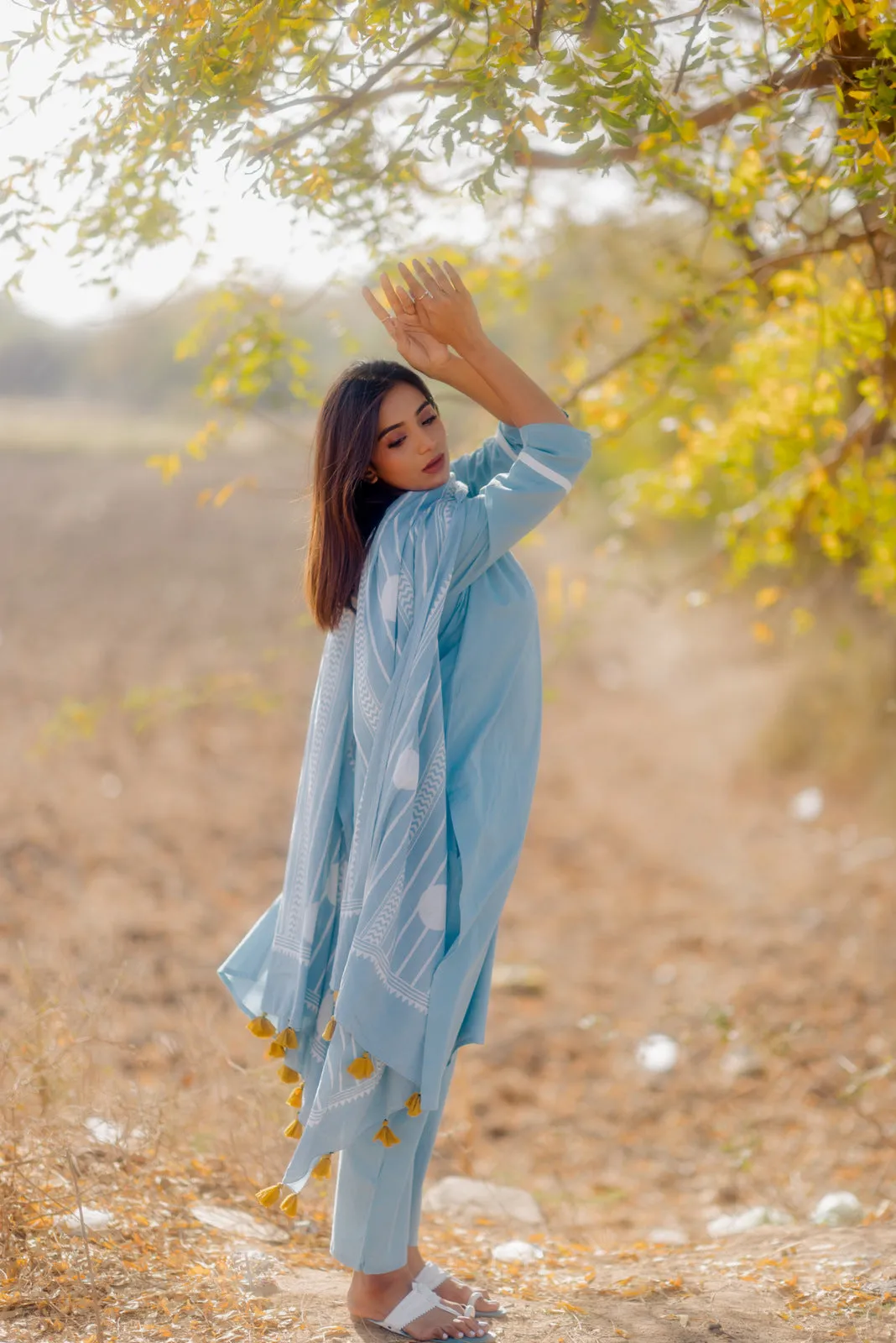 Aqua blue kurta set with Printed Dupatta