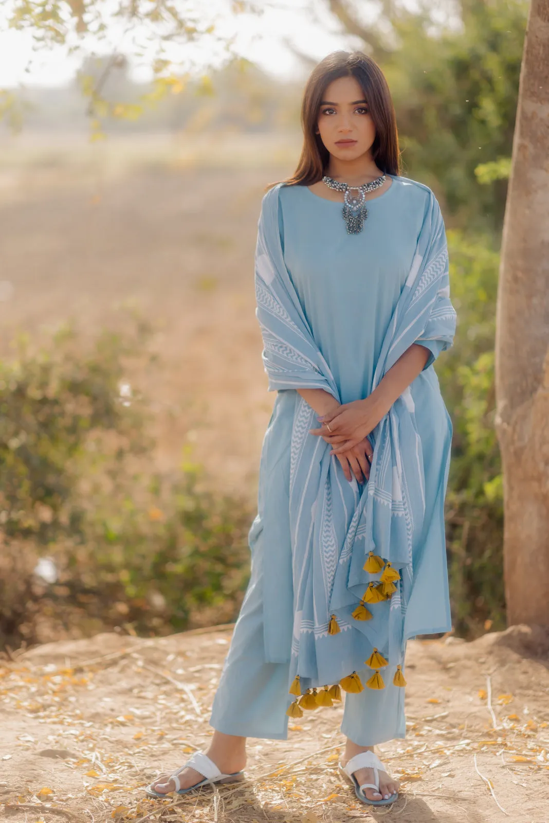 Aqua blue kurta set with Printed Dupatta