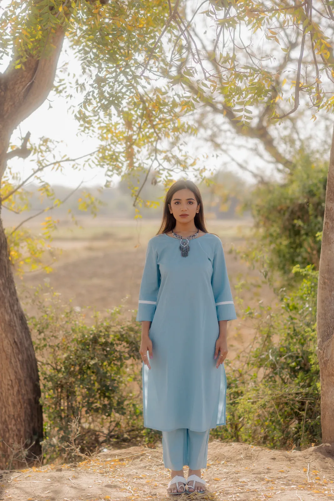Aqua blue kurta set with Printed Dupatta