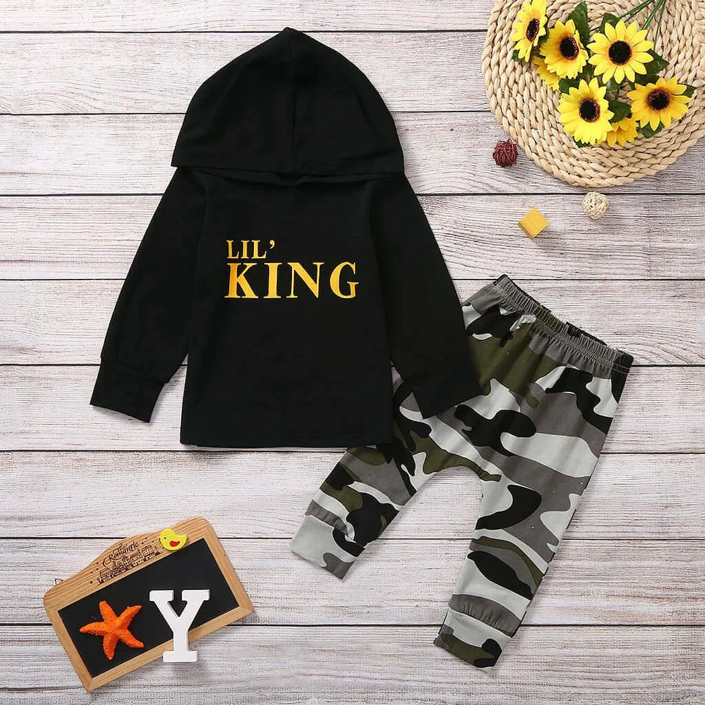 Baby Boy LIL KING Hoodie Tops  Camo Pants Outfit