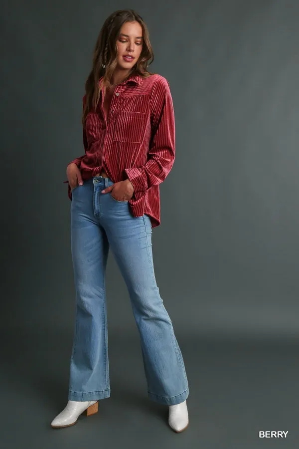 Bailey Textured Velvet Button-Down Top in Berry