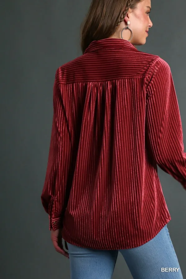 Bailey Textured Velvet Button-Down Top in Berry