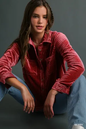 Bailey Textured Velvet Button-Down Top in Berry