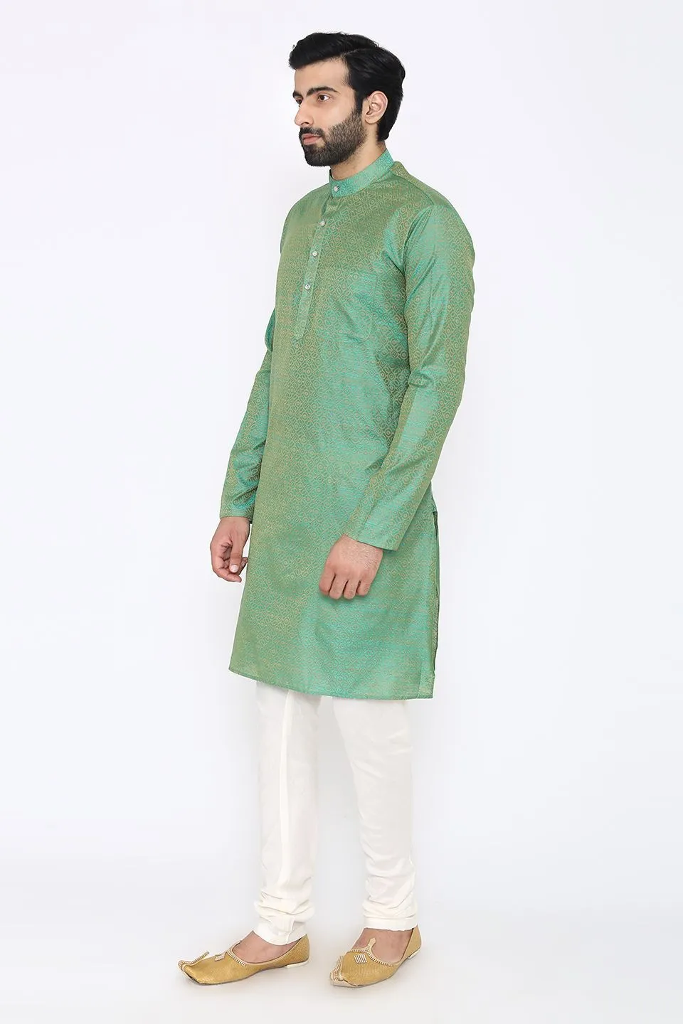 Banarasi Art Silk Cotton Blend Green Long Kurta Pajama