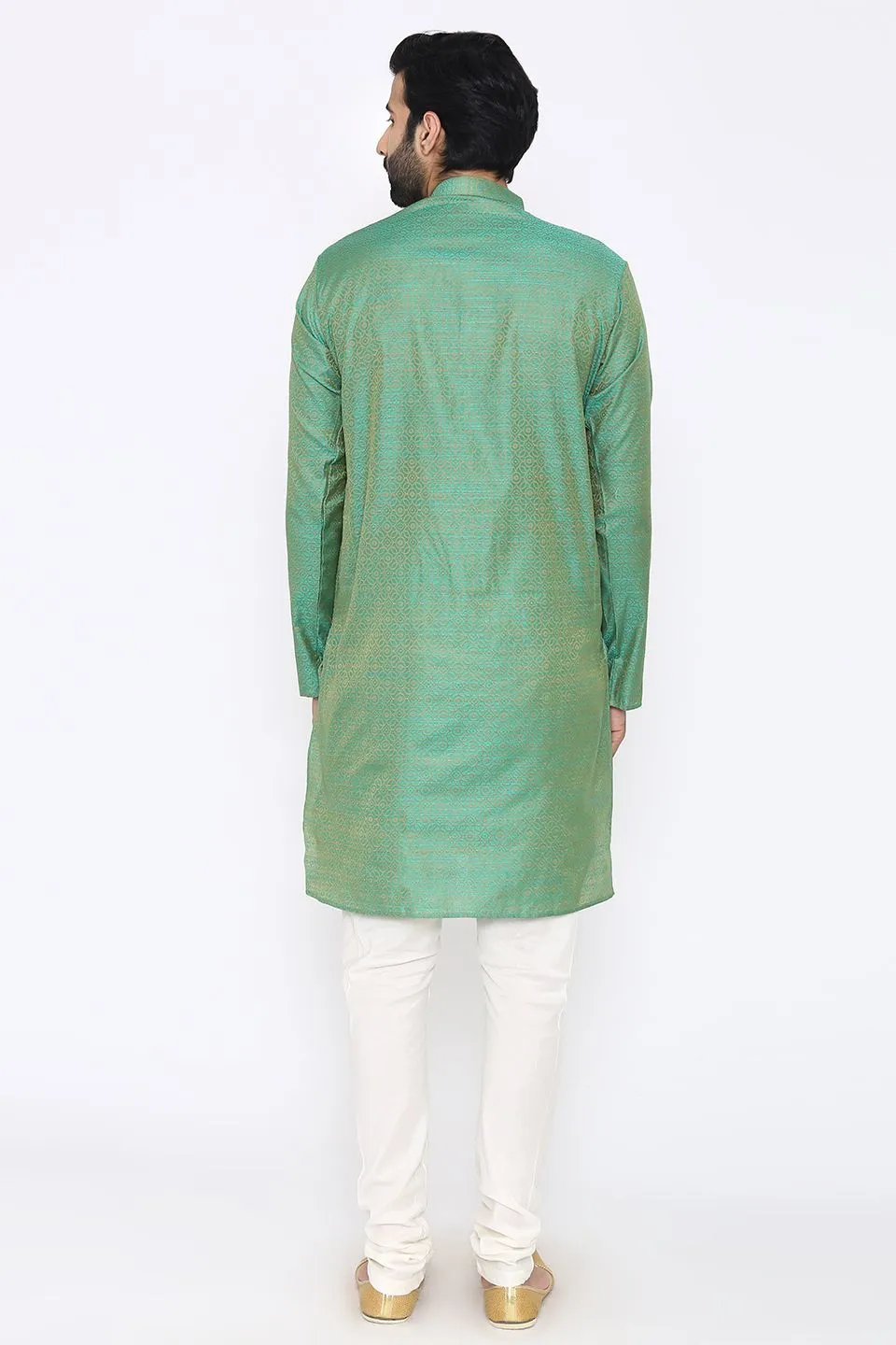 Banarasi Art Silk Cotton Blend Green Long Kurta Pajama