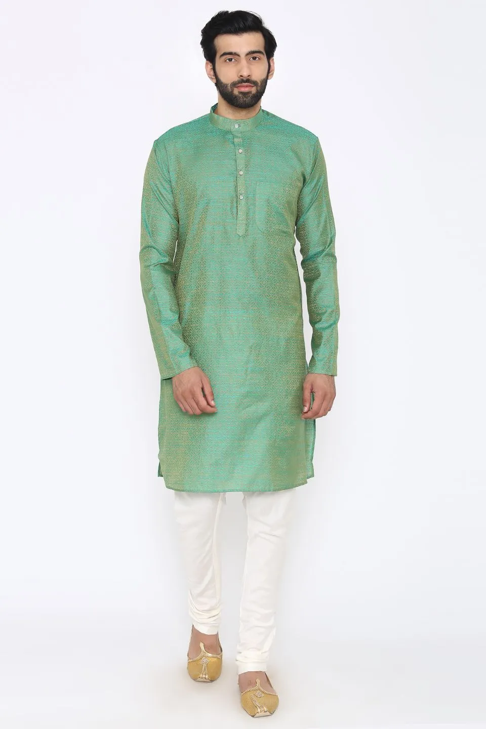 Banarasi Art Silk Cotton Blend Green Long Kurta Pajama