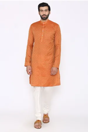 Banarasi Art Silk Cotton Blend Orange Long Kurta Pajama