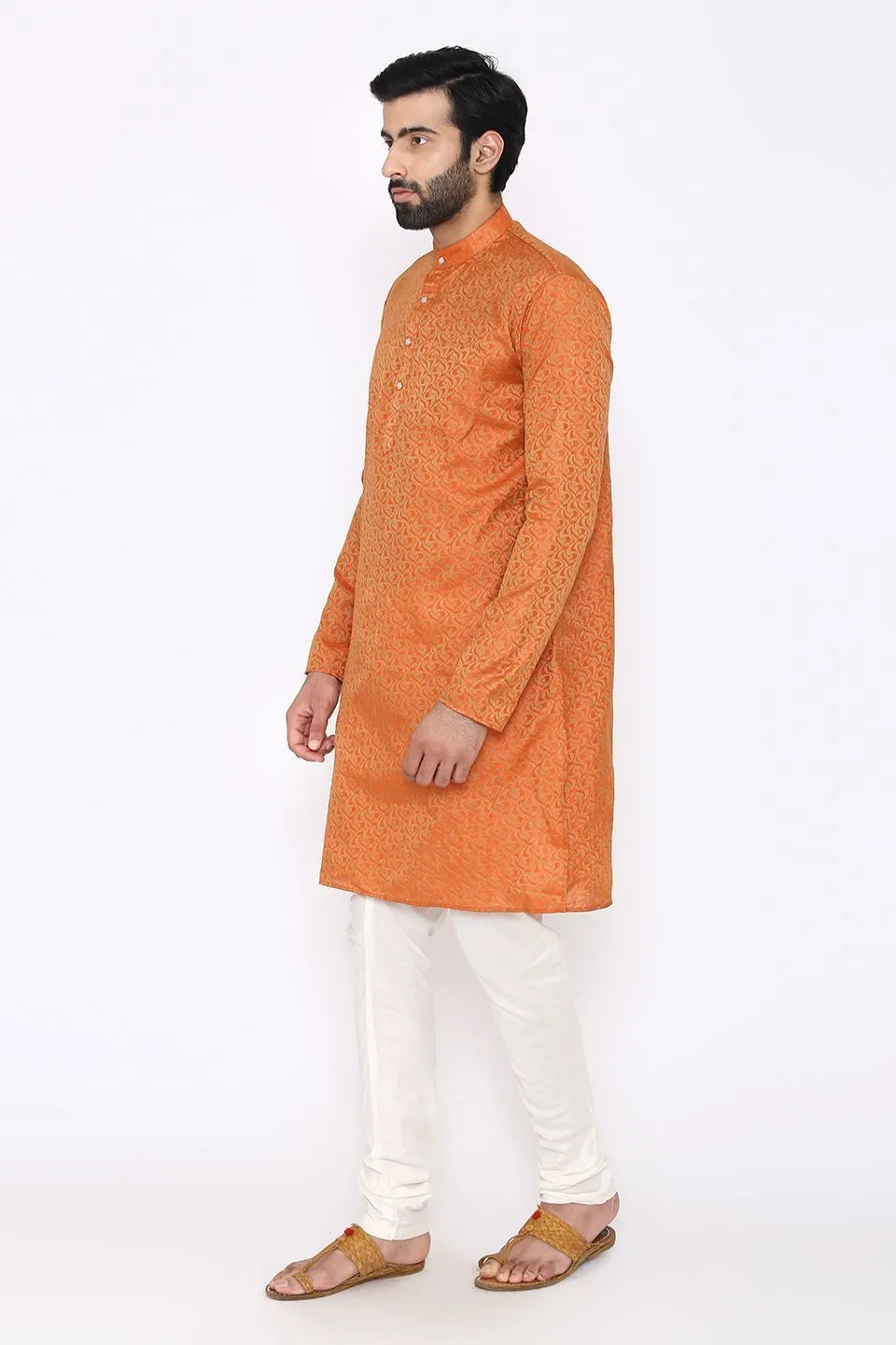 Banarasi Art Silk Cotton Blend Orange Long Kurta Pajama