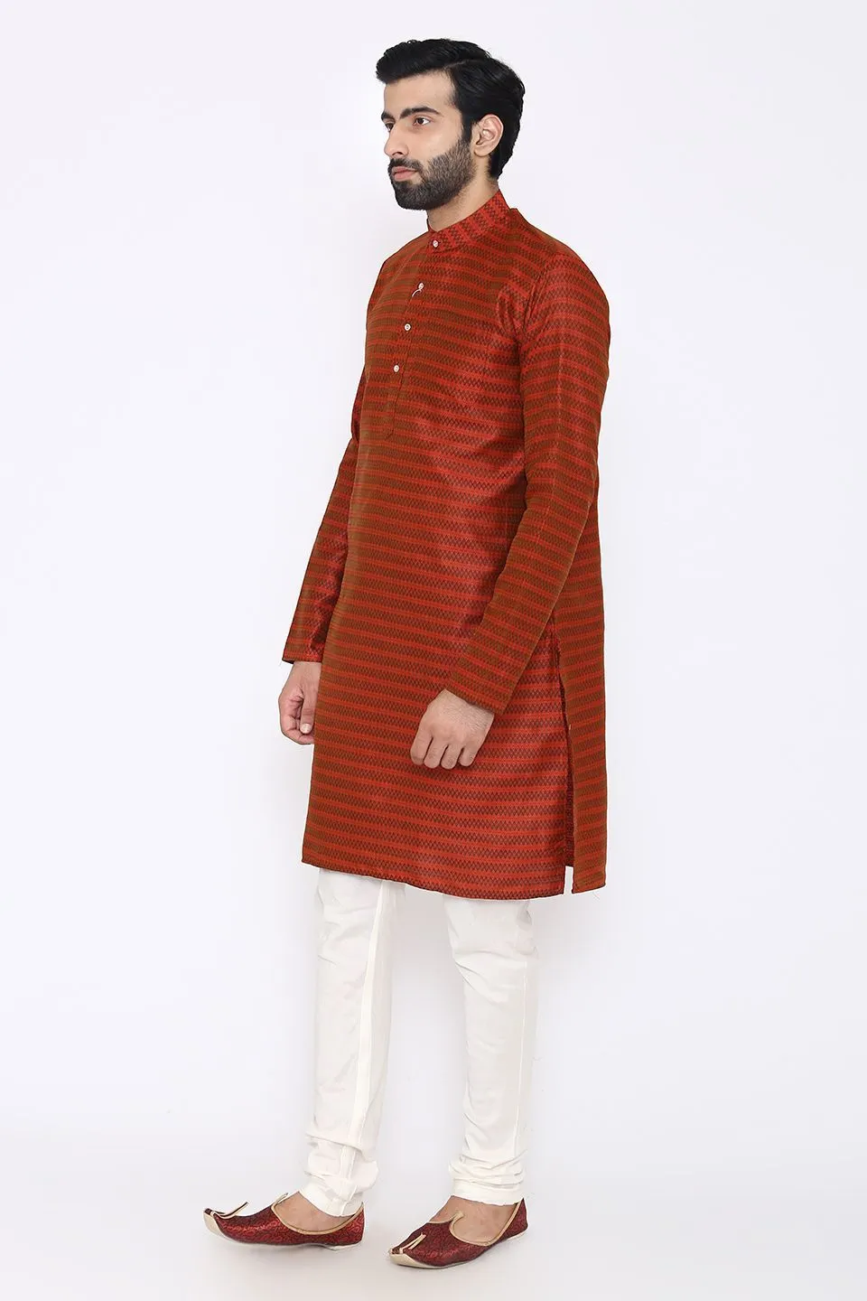 Banarasi Art Silk Cotton Blend Red Long Kurta Pajama