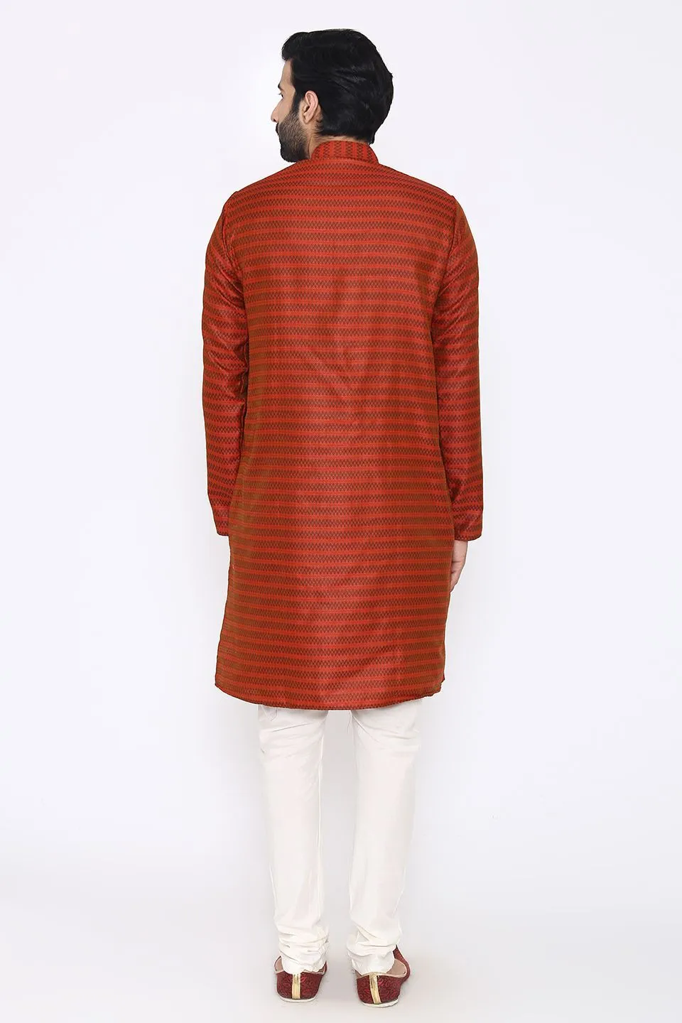 Banarasi Art Silk Cotton Blend Red Long Kurta Pajama