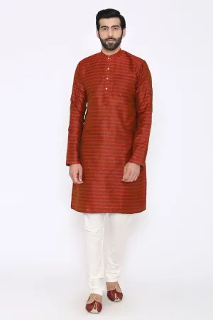 Banarasi Art Silk Cotton Blend Red Long Kurta Pajama