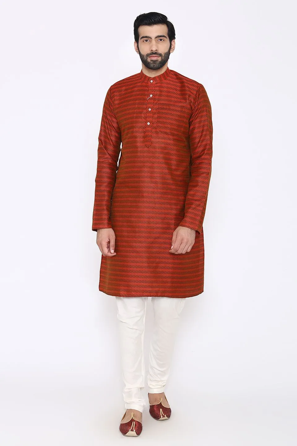 Banarasi Art Silk Cotton Blend Red Long Kurta Pajama