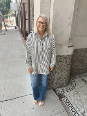 Black Stripe Collar Button Down Top