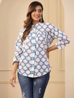 Blue Ikat Printed Tiered Cotton Loose Fit Top