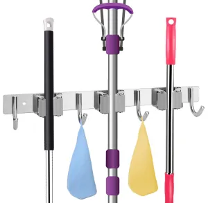 Broom Holder and Garden Tool Organizer, Wall Mounted Stainless Heavy Duty Tools Hanger with, Handles Up Diameter to 1.25-Inches (Gray 3 Racks)