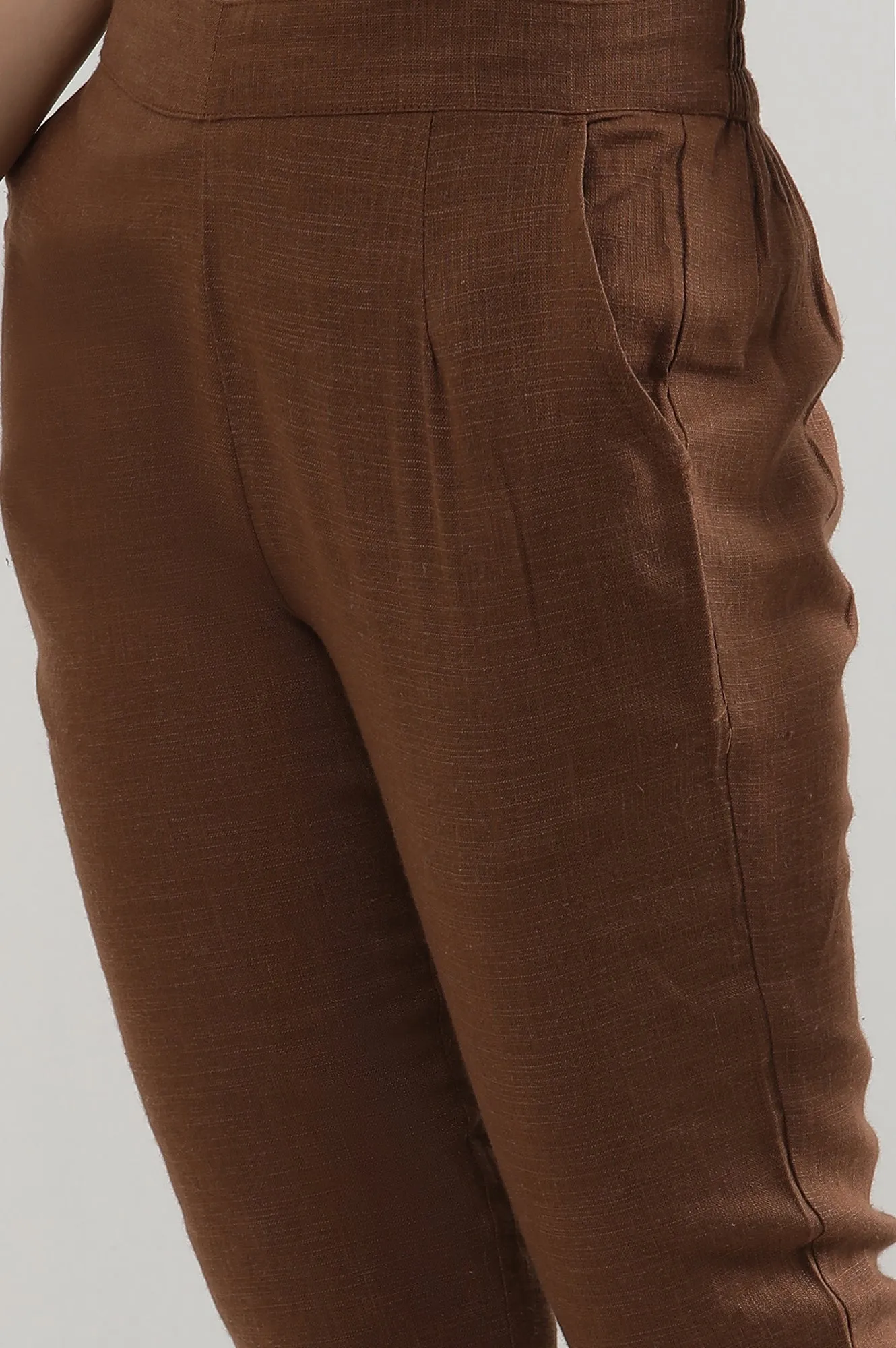 Brown Solid Cotton Blend Trousers