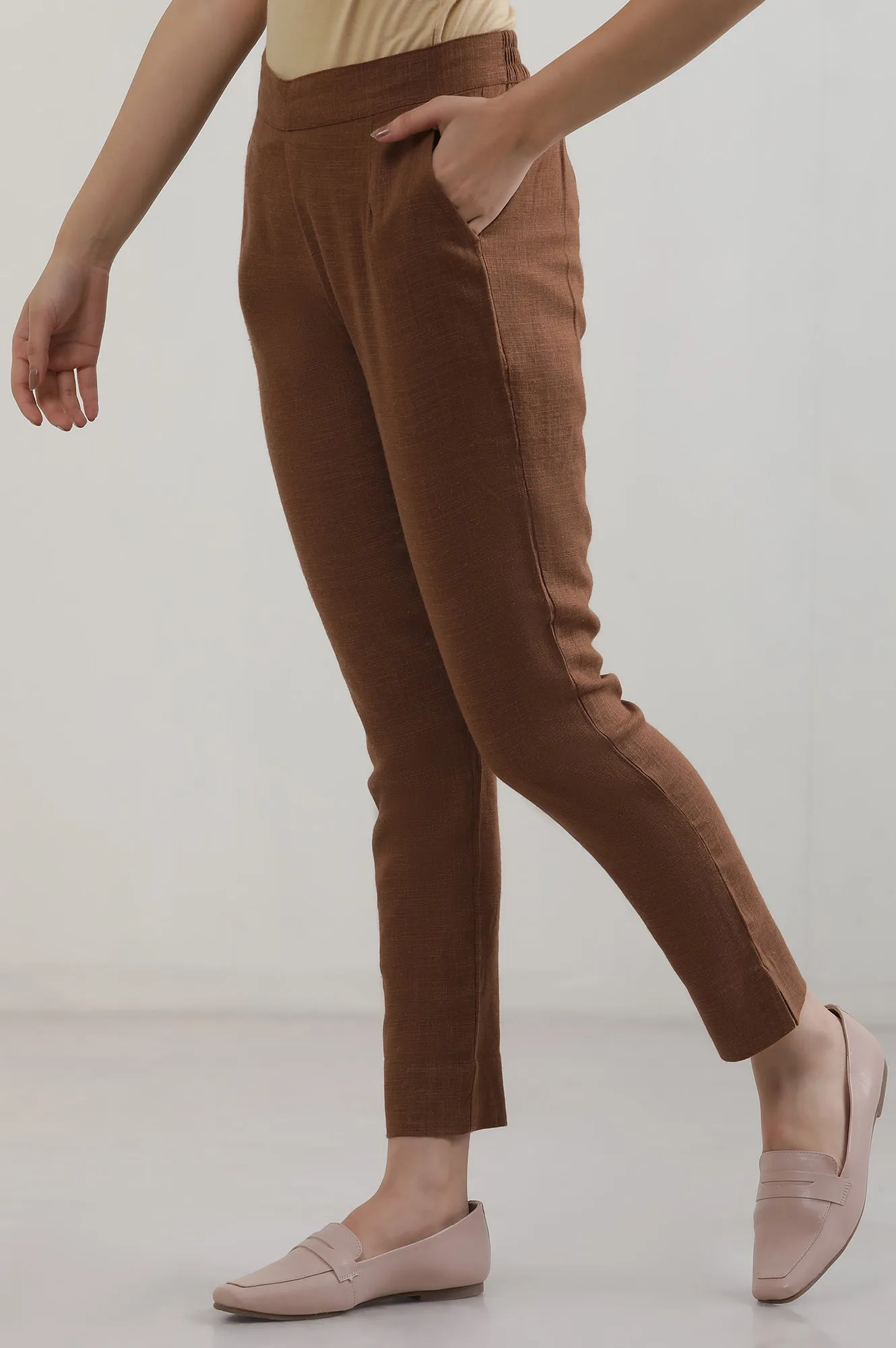 Brown Solid Cotton Blend Trousers