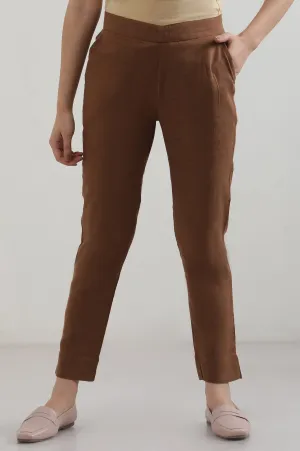 Brown Solid Cotton Blend Trousers