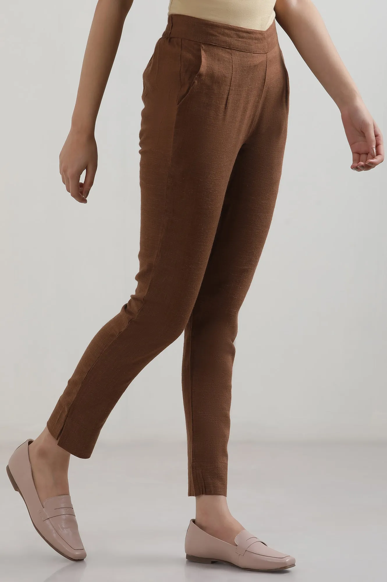 Brown Solid Cotton Blend Trousers