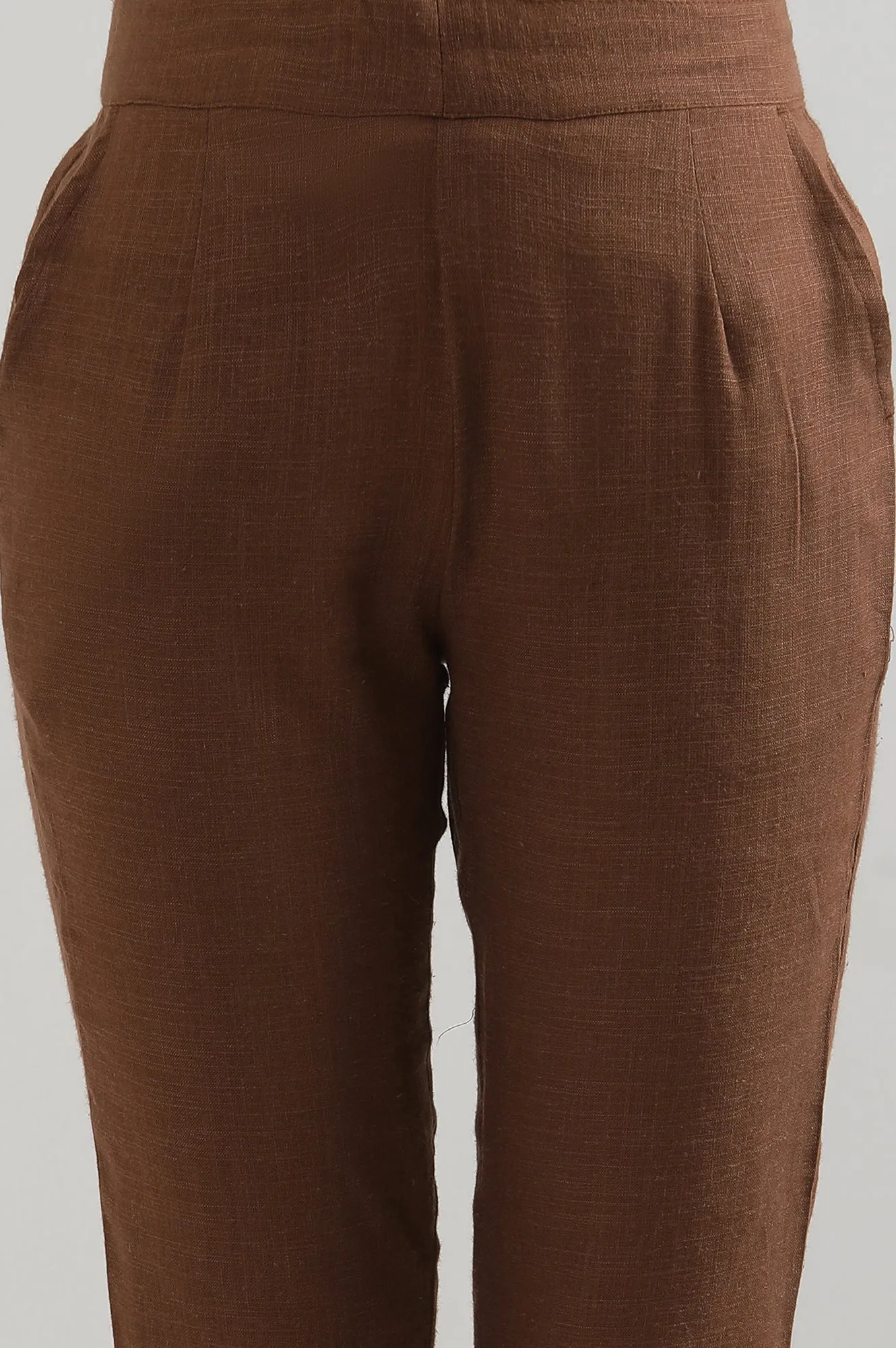 Brown Solid Cotton Blend Trousers
