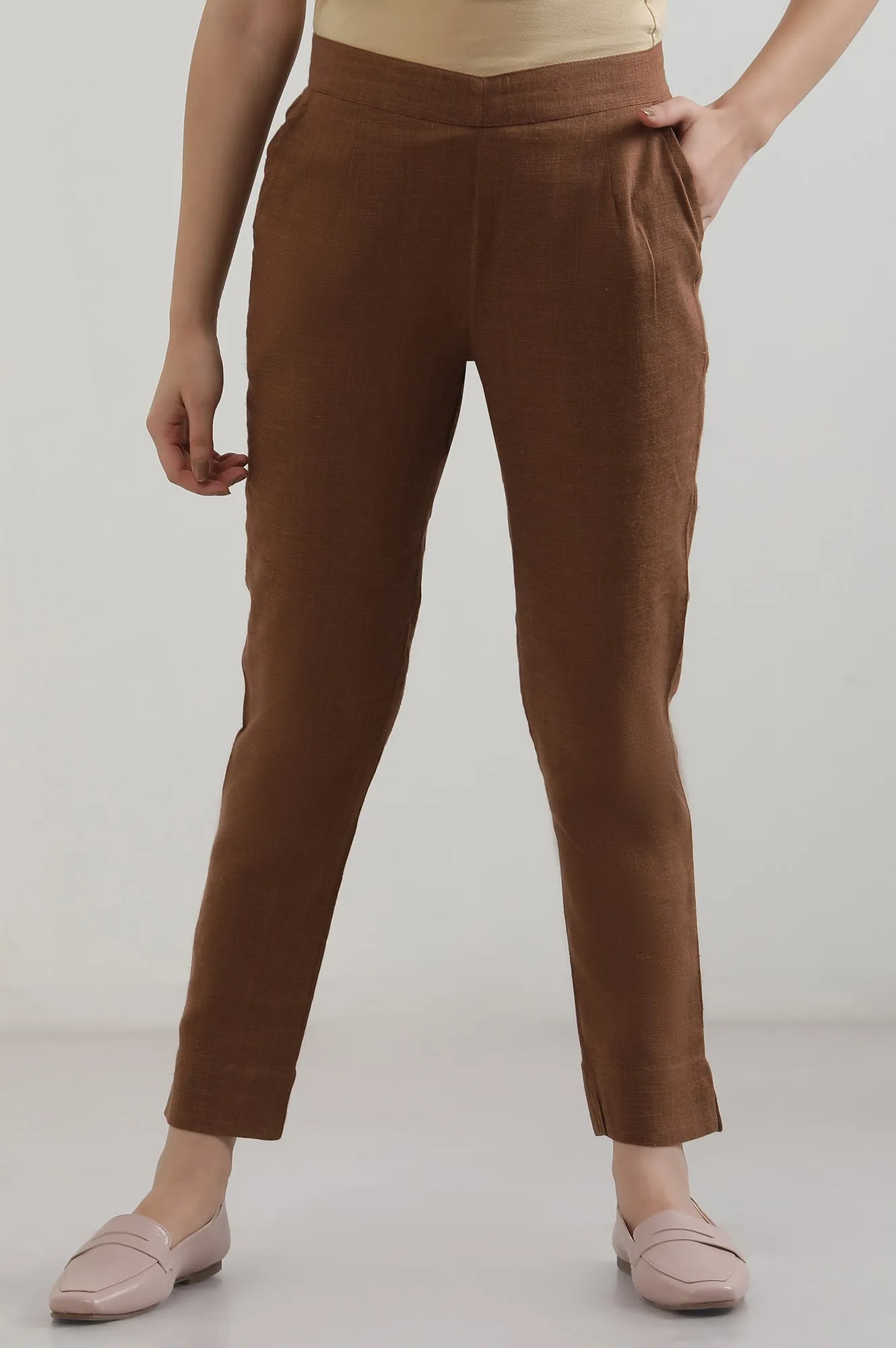 Brown Solid Cotton Blend Trousers