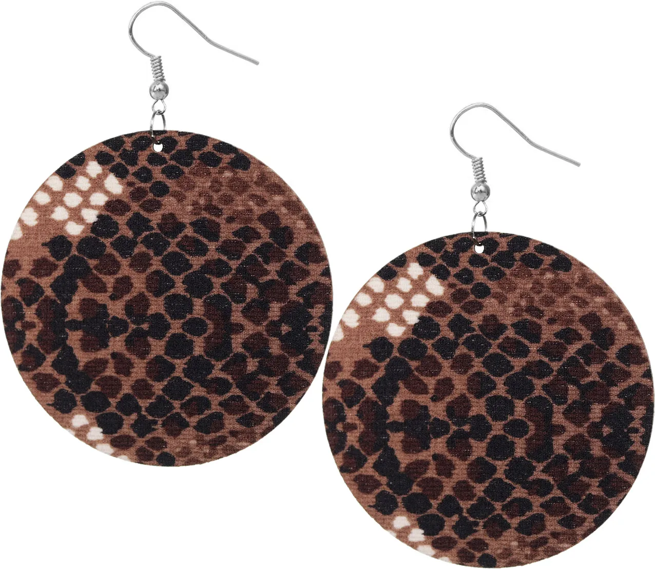 Brown Spotted Wooden Round Earrings