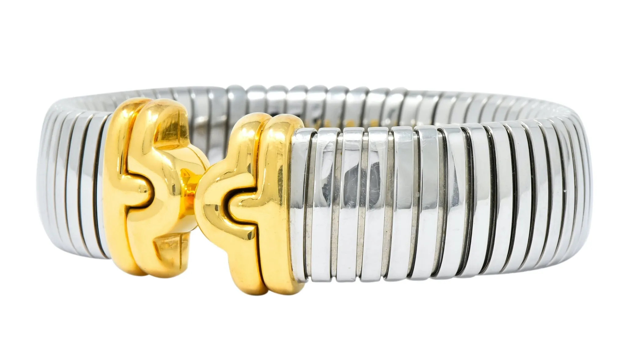 Bulgari 18 Karat Gold Steel Parentesi Tubogas Cuff Bracelet