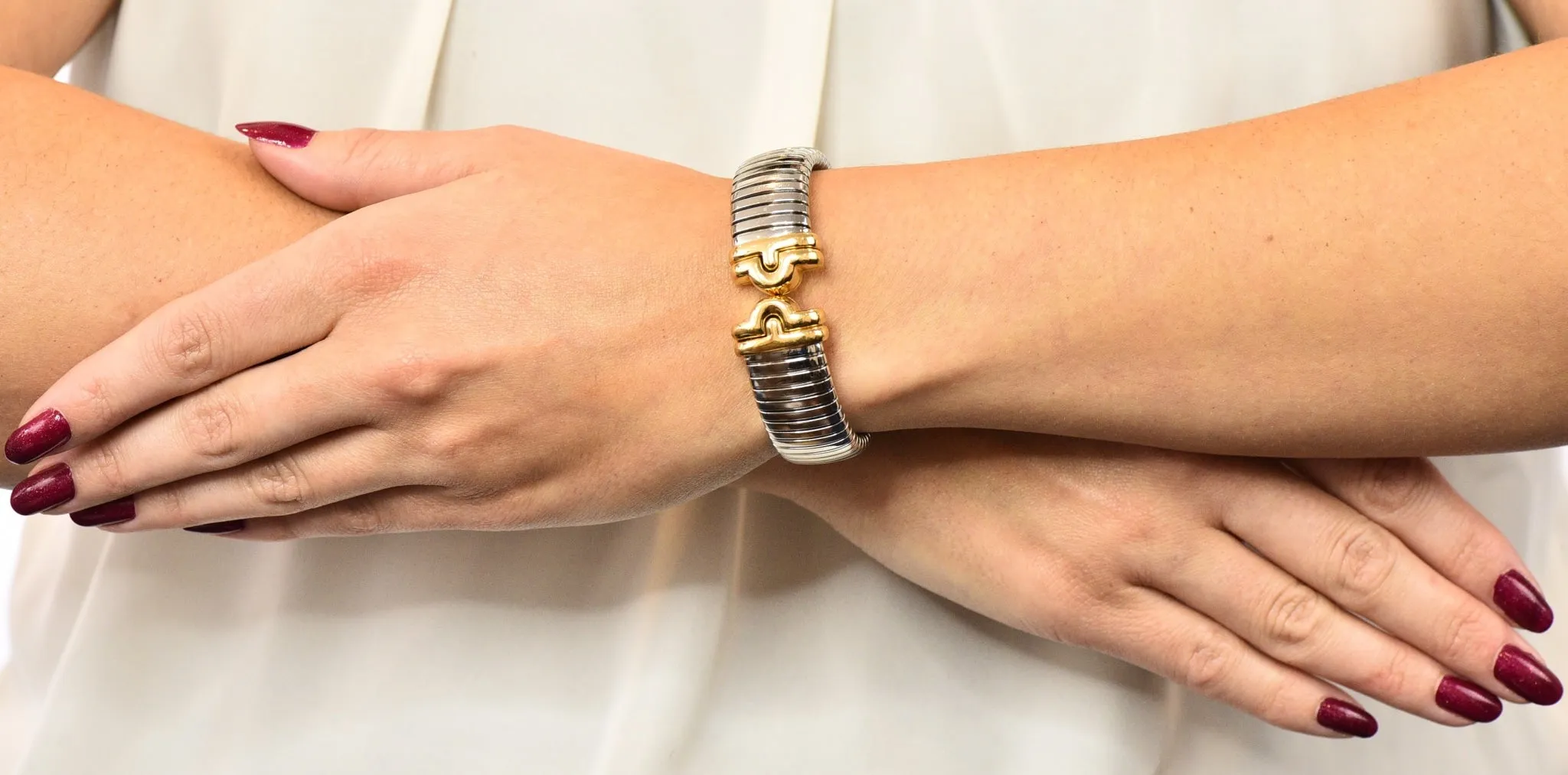 Bulgari 18 Karat Gold Steel Parentesi Tubogas Cuff Bracelet