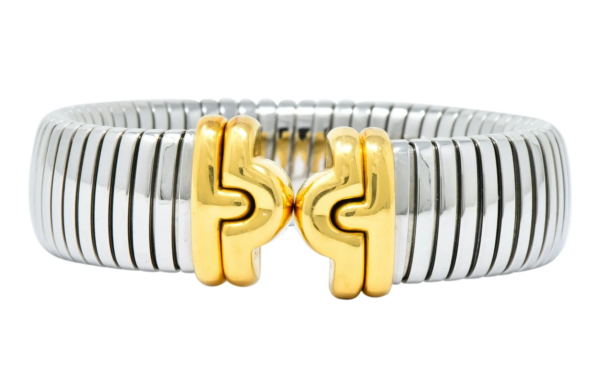 Bulgari 18 Karat Gold Steel Parentesi Tubogas Cuff Bracelet