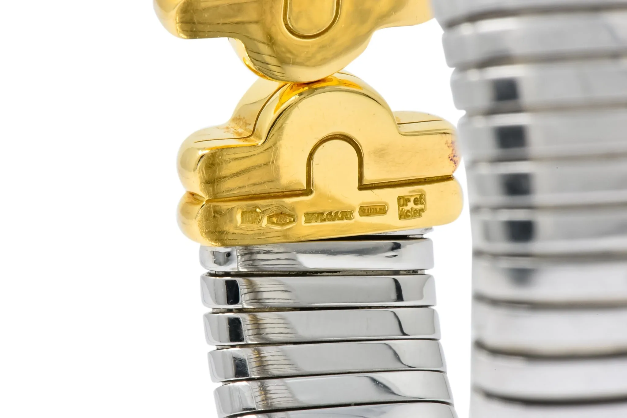 Bulgari 18 Karat Gold Steel Parentesi Tubogas Cuff Bracelet